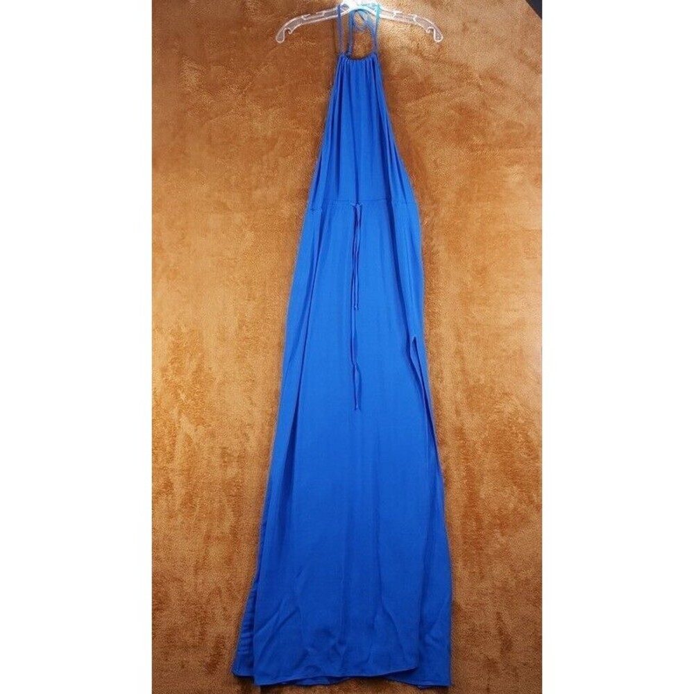 FLYNN SKYE Womens Dress XS Blue Maxi Halter Backless Thigh Side Slit Drawstring